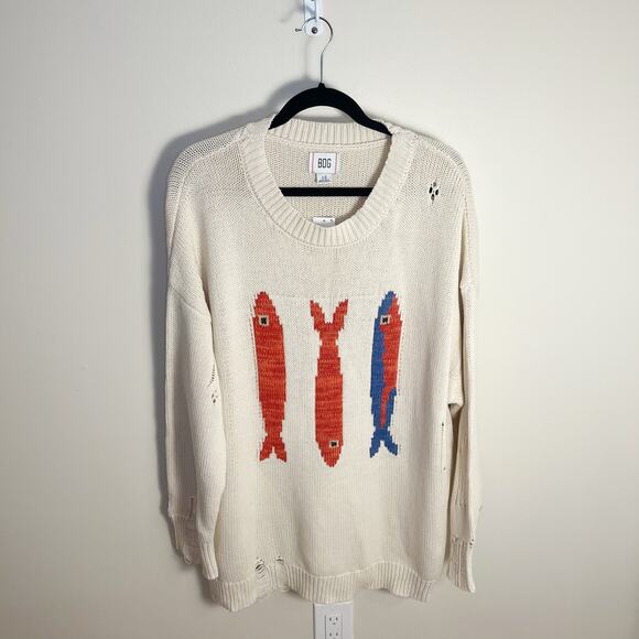 BDG Kurt Fish Graphic Distressed Oversized Fisherman Sweater Size Large New - Picture 2 of 9